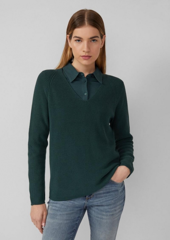 s.Oliver Strickpullover aus Baumwollmix mit V-Ausschnitt - tannengrün