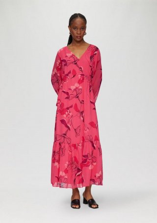 s.Oliver Langes Chiffonkleid mit Smok-Details - himbeere