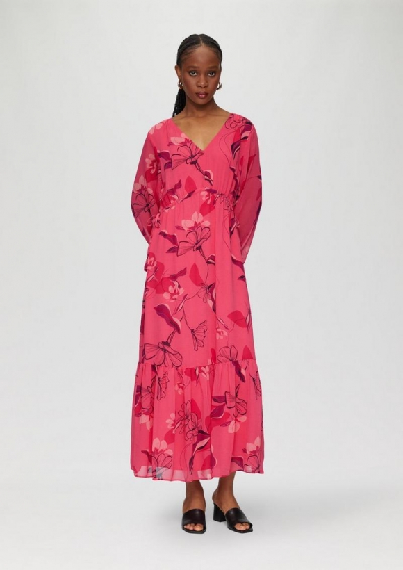 s.Oliver Langes Chiffonkleid mit Smok-Details - himbeere
