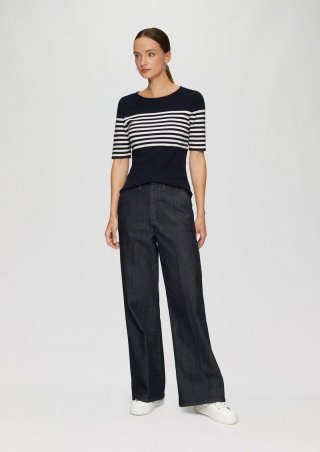 s.Oliver Gestreifter Slim-Fit-Pullover mit kurzen Ärmeln - navy