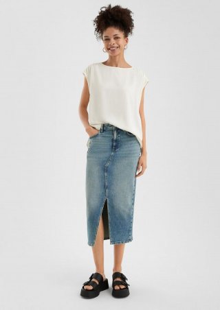 s.Oliver High Rise Denim Midi-Rock - blau