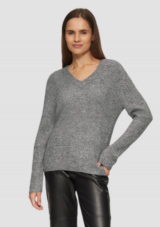 s.Oliver Strickpullover mit V-Ausschnitt und Rippblende - graphit