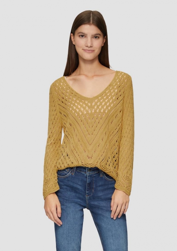 s.Oliver Leichter Strickpullover in Ajour-Muster - goldgelb