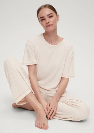 s.Oliver Pyjama-Shirt mit Rippstruktur - helles beige