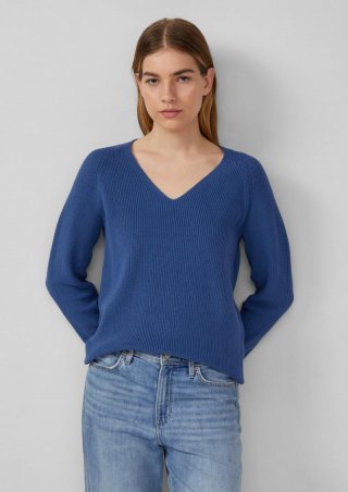 s.Oliver Strickpullover aus Baumwollmix mit V-Ausschnitt - blau