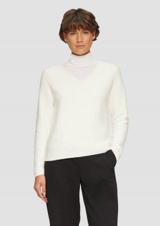 s.Oliver Gerippter Strickpullover aus Baumwollmix mit V-Ausschnitt - creme