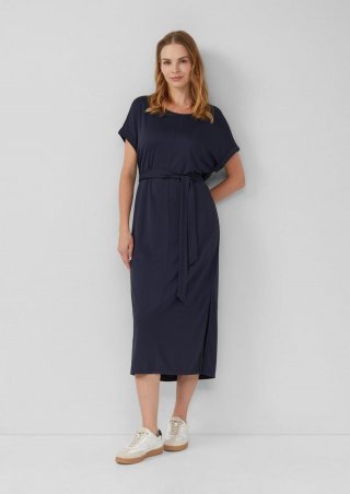 s.Oliver Jersey-Kleid mit einseitigem Schlitz und Bindegürtel - navy