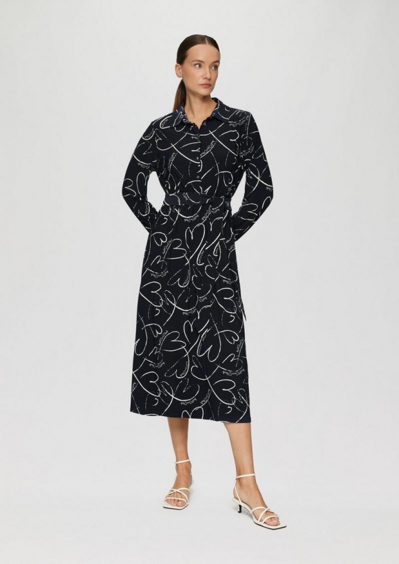 s.Oliver Hemdblusenkleid aus Jersey mit Bindegürtel und Herz-Print - navy