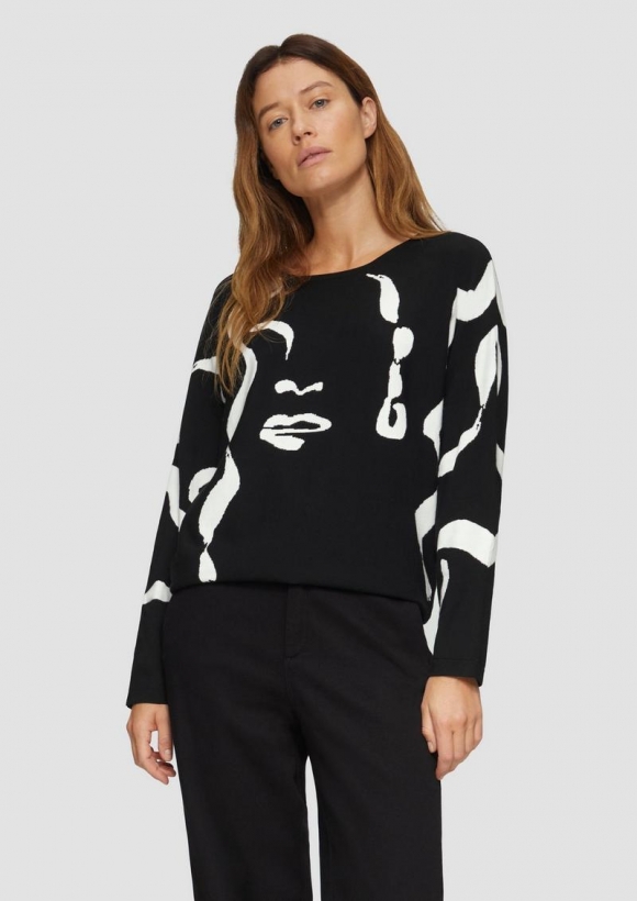 s.Oliver Jacquard-Pullover mit Fledermausärmeln - schwarz