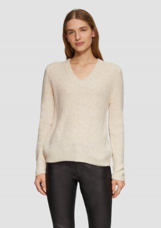 s.Oliver Strickpullover mit V-Ausschnitt und Rippblende - beige