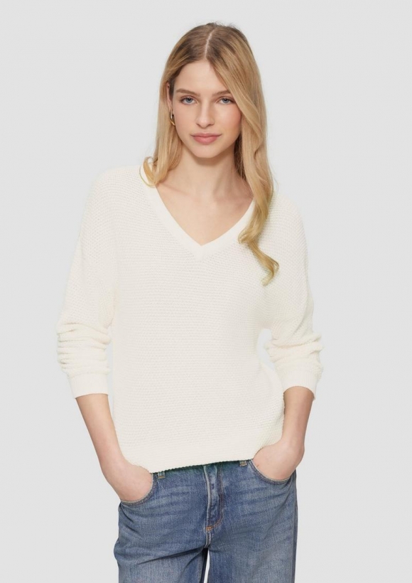 s.Oliver Pullover mit Strukturmuster und V-Ausschnitt - creme