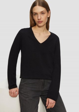 s.Oliver Feinstrickpullover mit V-Ausschnitt und Rollkante am Saum - schwarz