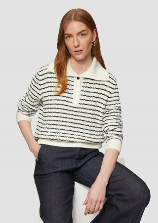 s.Oliver Relaxed-Fit-Pullover mit Troyer-Kragen und Zopfmuster - creme