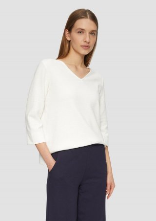 s.Oliver Strukturiertes Jersey-Sweatshirt mit V-Ausschnitt und 3/4-Ärmeln - creme