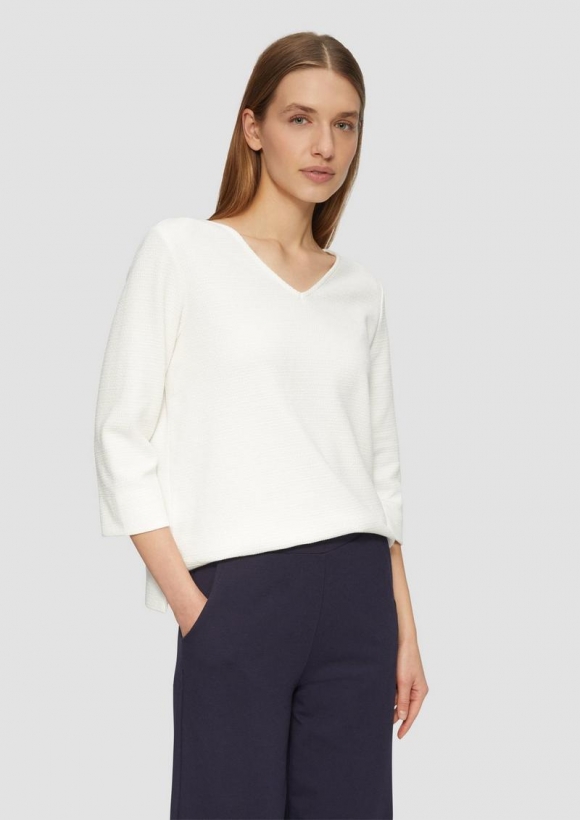 s.Oliver Strukturiertes Jersey-Sweatshirt mit V-Ausschnitt und 3/4-Ärmeln - creme