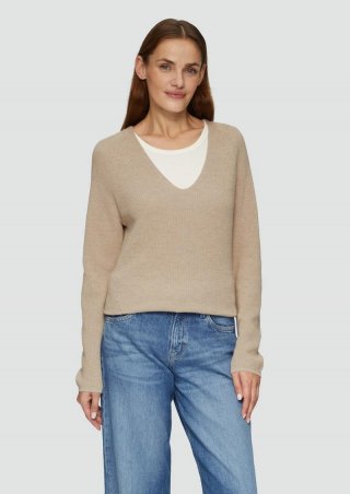 s.Oliver Strickpullover mit V-Ausschnitt aus Baumwollmix - beige