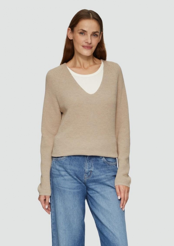 s.Oliver Strickpullover mit V-Ausschnitt aus Baumwollmix - beige