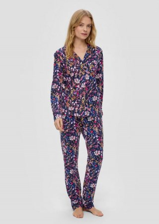 s.Oliver Langes Pyjama-Set mit All-over-Print - dunkelblau