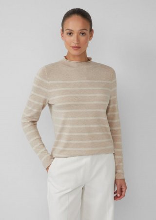 s.Oliver Gestreifter Strickpullover mit Stehkragen - beige