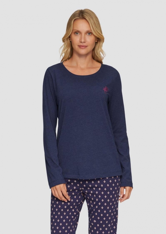 s.Oliver Meliertes Pyjamashirt mit Blumenstickerei - navy