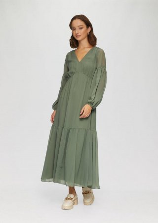 s.Oliver Langes Chiffonkleid im Boho-Stil - salbeigrün