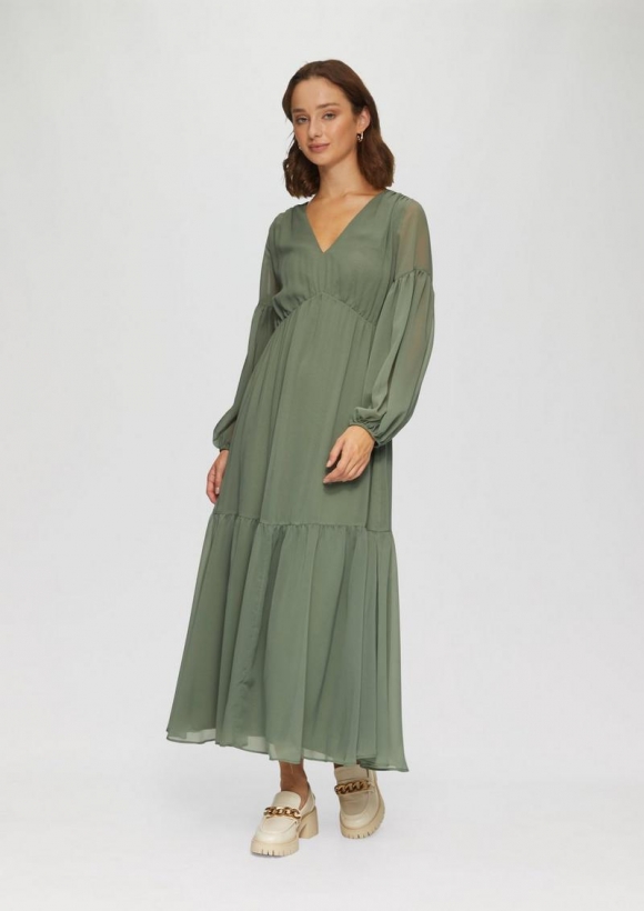 s.Oliver Langes Chiffonkleid im Boho-Stil - salbeigrün