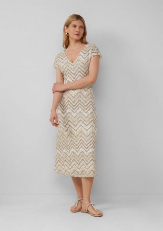 s.Oliver Antailliertes Midikleid aus Strickjersey mit V-Ausschnitt - helles beige