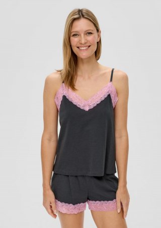 s.Oliver Kurzes Pyjama-Set mit Spitzen-Details - schwarz