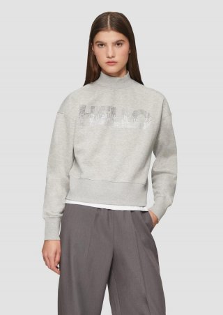 s.Oliver Verkürztes Sweatshirt mit Stehkragen und Strass-Wording - grau meliert