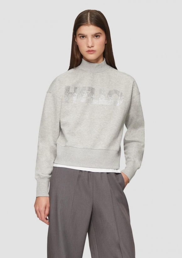 s.Oliver Verkürztes Sweatshirt mit Stehkragen und Strass-Wording - grau meliert