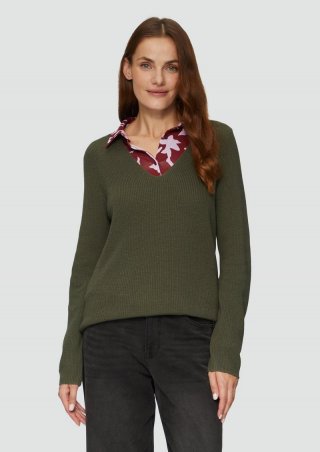 s.Oliver Strickpullover mit V-Ausschnitt aus Baumwollmix - olivgrün