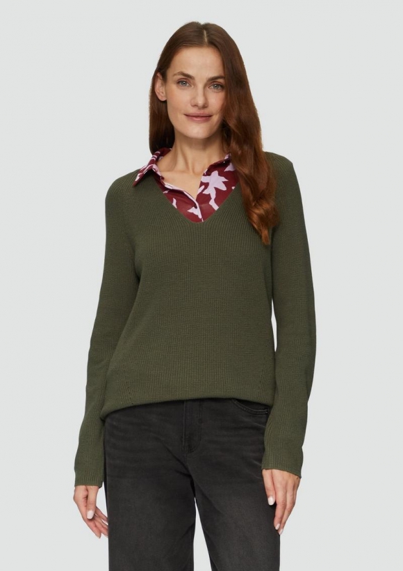s.Oliver Strickpullover mit V-Ausschnitt aus Baumwollmix - olivgrün