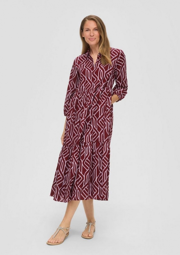 s.Oliver Baumwollkleid mit grafischem Print und Volants - rubinrot