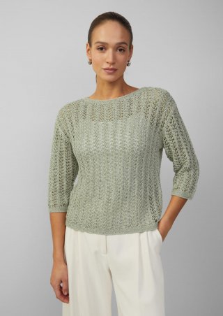 s.Oliver Semitransparenter Pullover aus Ajourstrick mit Pailletten - olivgrün