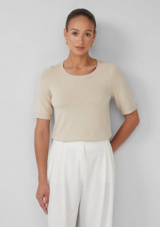 s.Oliver Kurzärmeliger Strickpullover im Slim Fit - beige