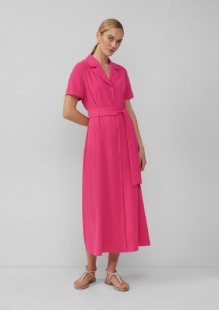 s.Oliver Tailliertes Maxikleid aus Crêpe mit Reverskragen und Bindegürtel - pink
