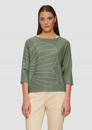 s.Oliver Strickpullover mit Fledermausärmeln und floraler Stickerei - olivgrün