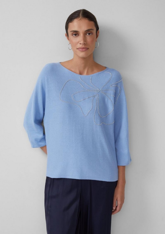s.Oliver Strickpullover mit U-Boot-Ausschnitt und Schmuckperlen - arktisblau