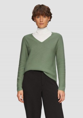 s.Oliver Gerippter Strickpullover aus Baumwollmix mit V-Ausschnitt - salbeigrün