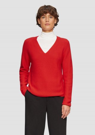 s.Oliver Gerippter Strickpullover aus Baumwollmix mit V-Ausschnitt - rot