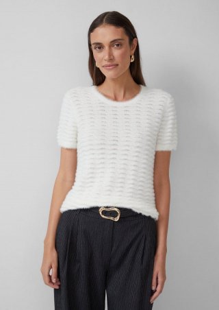 s.Oliver Kurzärmeliger Strickpullover mit Wellenstrickmuster und Pailletten - ecru