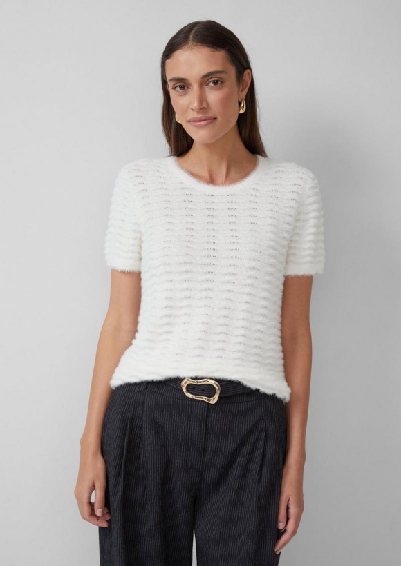 s.Oliver Kurzärmeliger Strickpullover mit Wellenstrickmuster und Pailletten - ecru