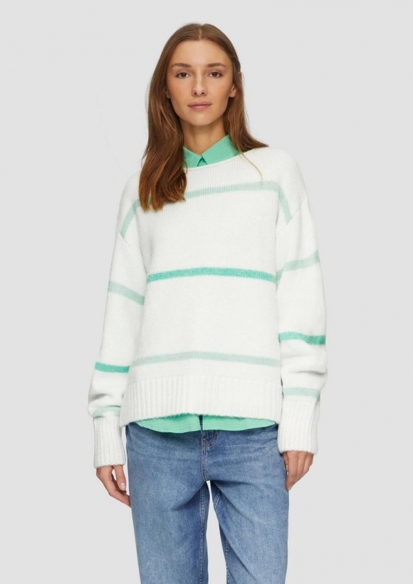 s.Oliver Gestreifter Strickpullover mit Rollkante - ecru