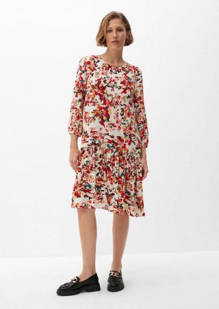 s.Oliver Gemustertes Kleid mit Volant - beige