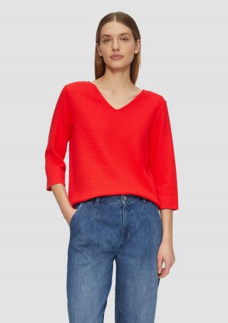 s.Oliver Strukturiertes Jersey-Sweatshirt mit V-Ausschnitt und 3/4-Ärmeln - rot