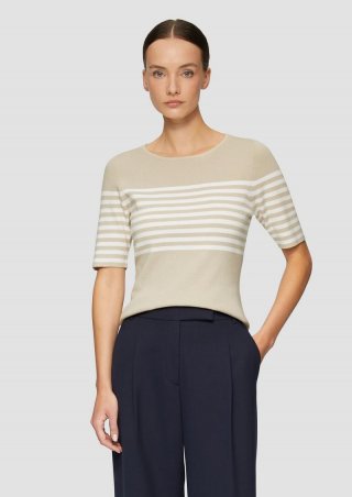 s.Oliver Gestreifter Slim-Fit-Pullover mit kurzen Ärmeln - helles beige