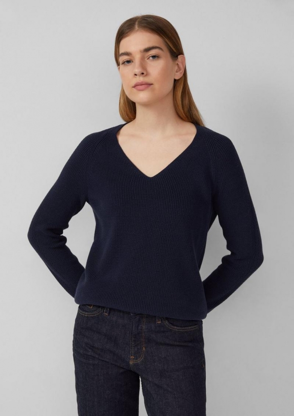 s.Oliver Strickpullover aus Baumwollmix mit V-Ausschnitt - navy