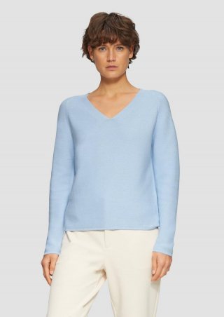 s.Oliver Gerippter Strickpullover aus Baumwollmix mit V-Ausschnitt - hellblau
