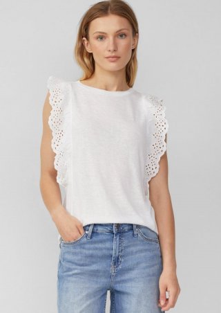 s.Oliver Jersey-Top aus Flammgarn mit Lochstickerei - weiß