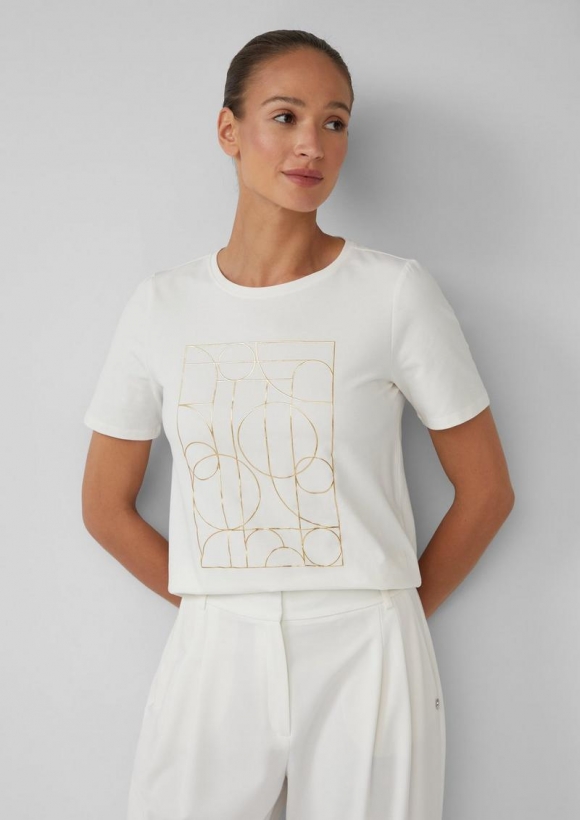s.Oliver Jersey-T-Shirt mit glänzendem Frontprint - ecru